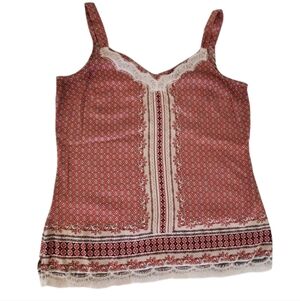 White House Black Market V-neck Coral Geometric Lace Trim Cami Tank Top Size S